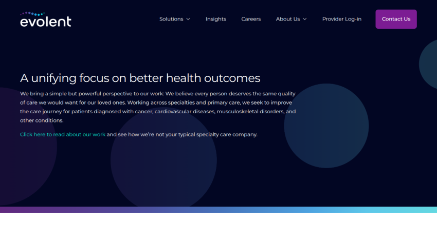 Evolent homepage with navigation menu and headline about improving health outcomes for patients with various conditions