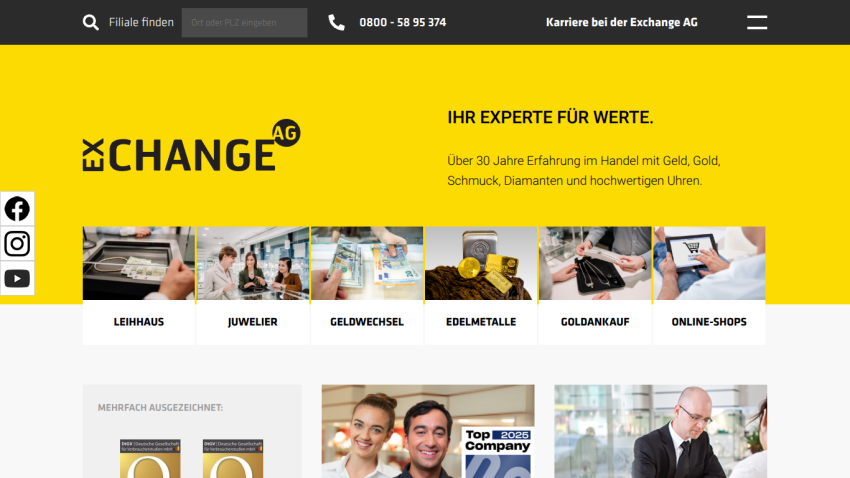 Exchange AG homepage with services including pawnshop, jeweler, currency exchange, precious metals, gold purchase, and online shops