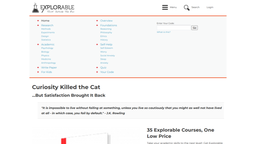 Homepage of Explorabile featuring a quote and links to courses.