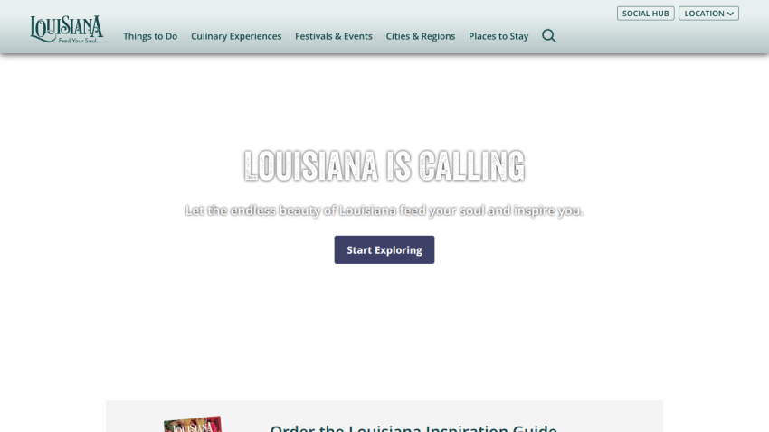 Homepage featuring 'Louisiana is Calling' with a call-to-action button.
