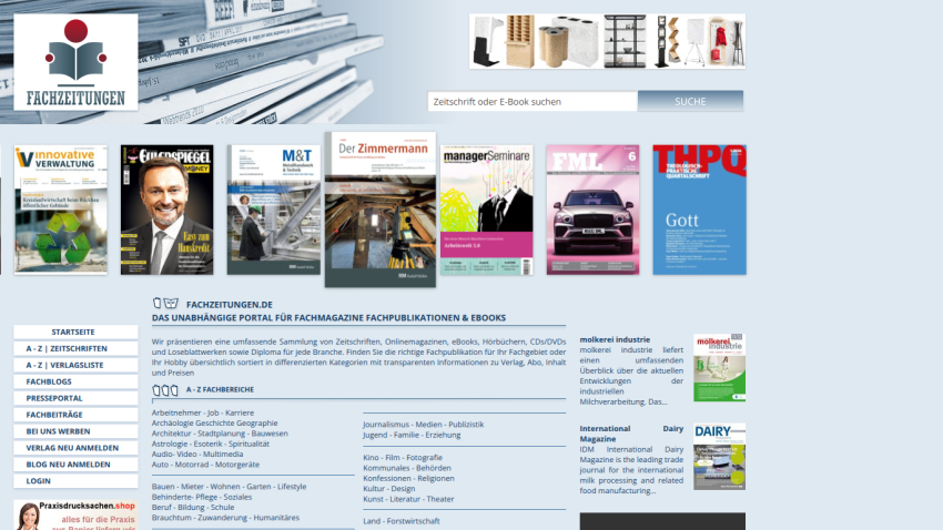 Homepage featuring various publications and a navigation menu.