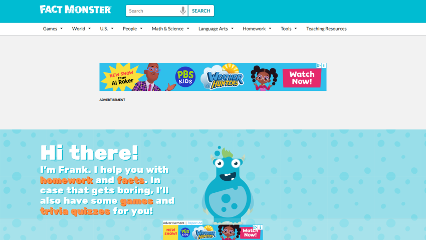 Homepage of Fact Monster featuring a friendly character and introductory text for homework help.