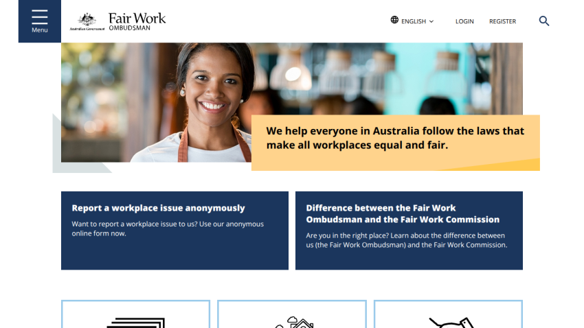 Homepage of Fair Work Ombudsman with key services and mission statement.
