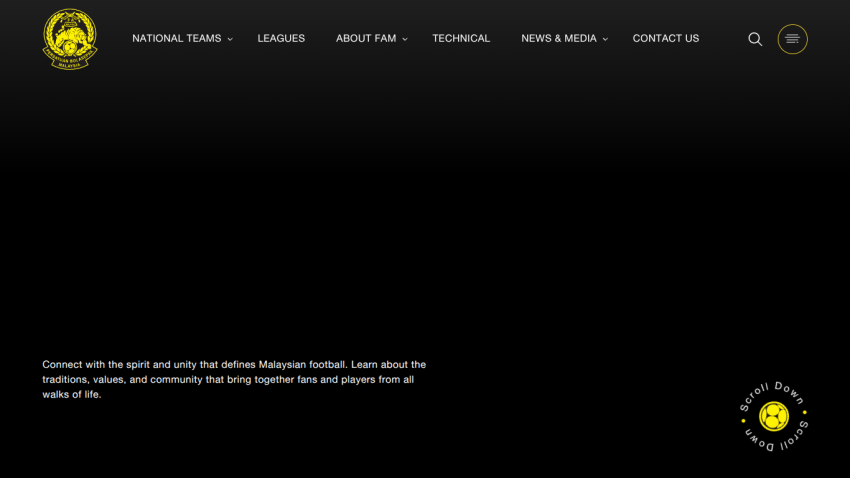 Homepage of Malaysian football federation with navigation menu and introductory text about Malaysian football spirit and community