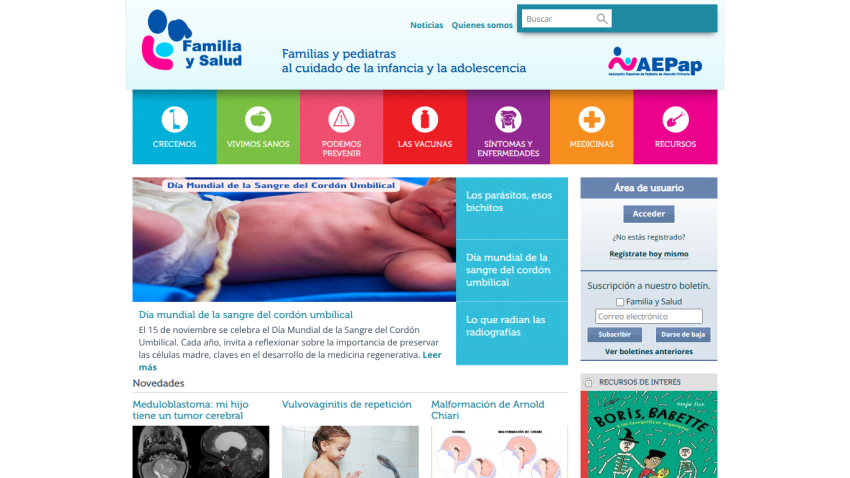 Familia y Salud website homepage with navigation, hero image about umbilical cord blood, and health articles