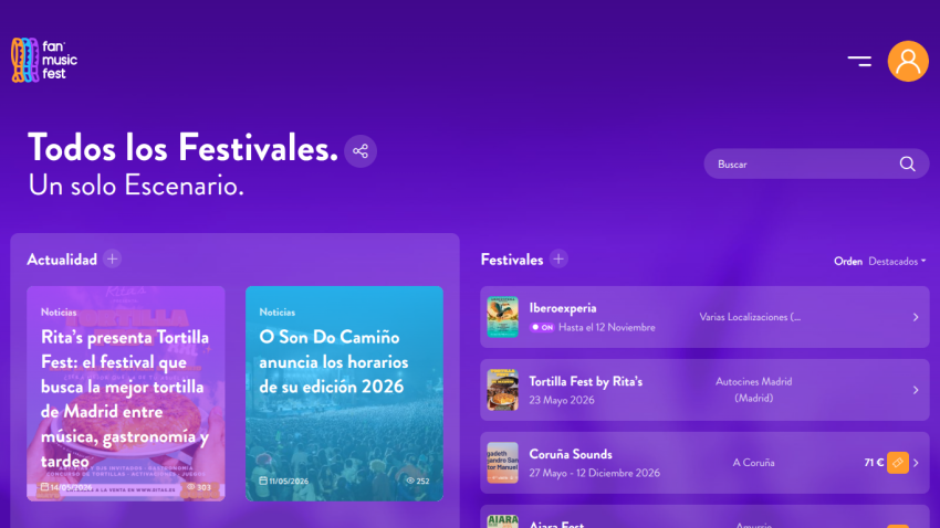 Homepage featuring festival listings and announcements in a vibrant layout.
