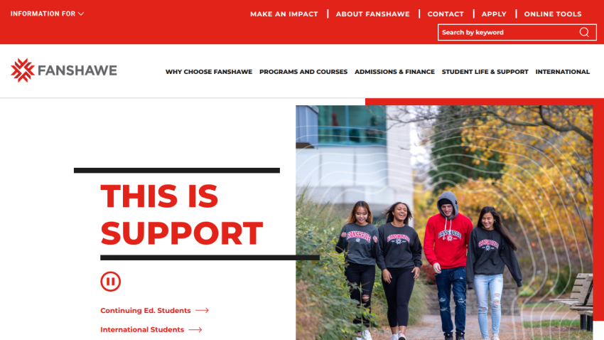 Fanshawe College support page featuring students walking outdoors with key text 'THIS IS SUPPORT'.