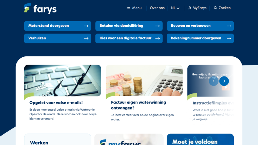 Farys website homepage with navigation links and warnings about false emails and water billing information