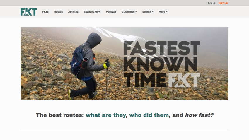 Website header with navigation and hero image of a hiker on rocky terrain with text 'Fastest Known Time FKT' and tagline about best routes