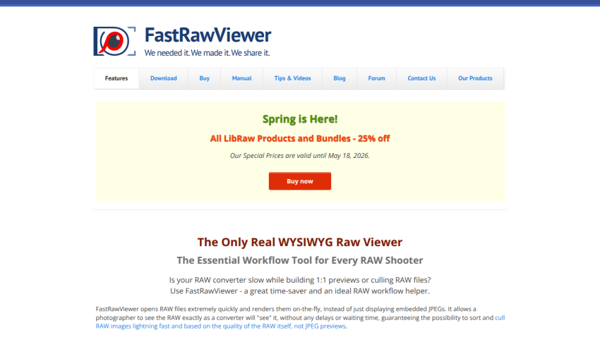 FastRawViewer website showcasing a spring sale with a call-to-action button.