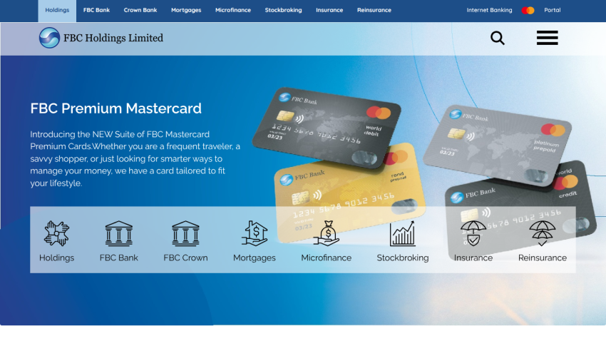 FBC Holdings Limited homepage featuring FBC Premium Mastercard with card images and navigation menu for banking services.