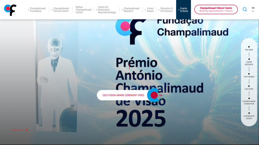 Fundação Champalimaud homepage featuring the Prémio António Champalimaud de Visão 2025 and navigation menu