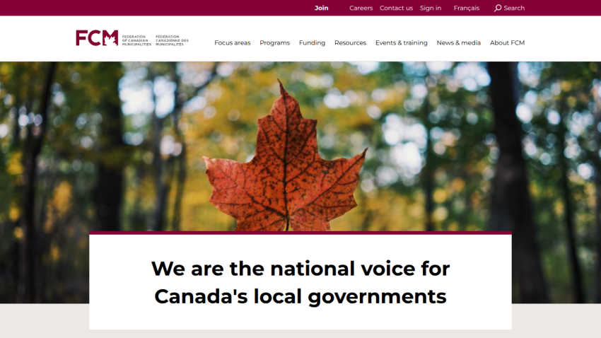 Federation of Canadian Municipalities homepage with a maple leaf image and headline about representing Canada's local governments