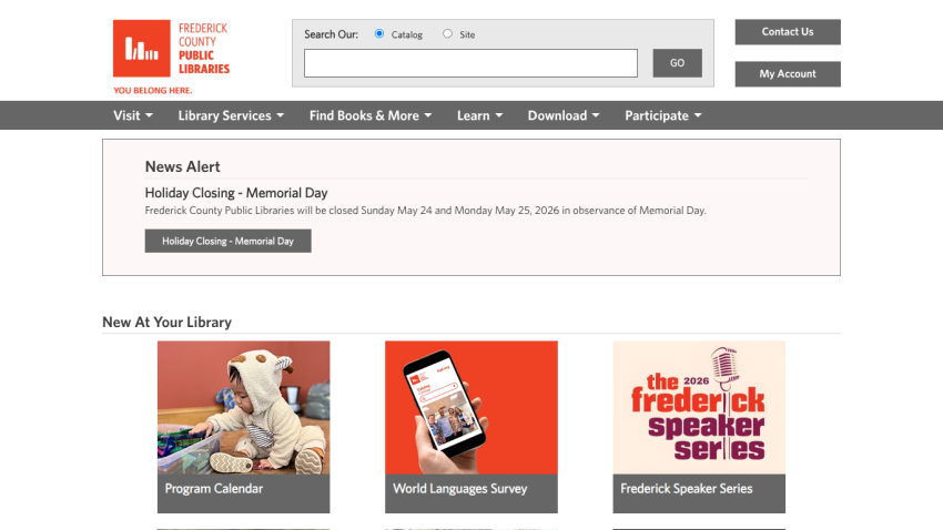 Frederick County Public Libraries homepage featuring news alert and library programs.