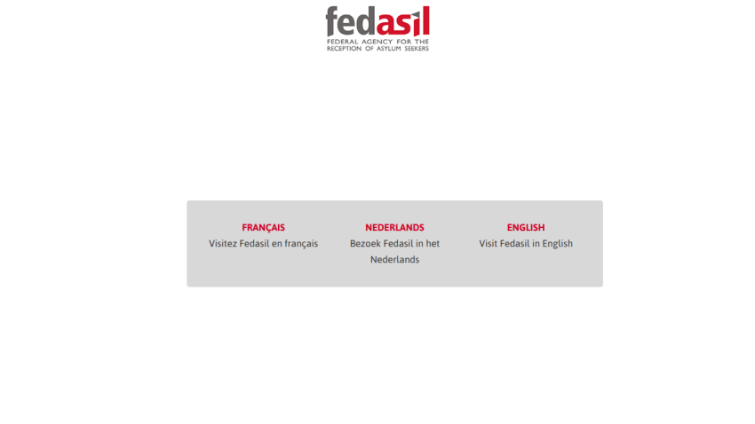 Fedasil homepage with logo and language selection options in French, Dutch, and English