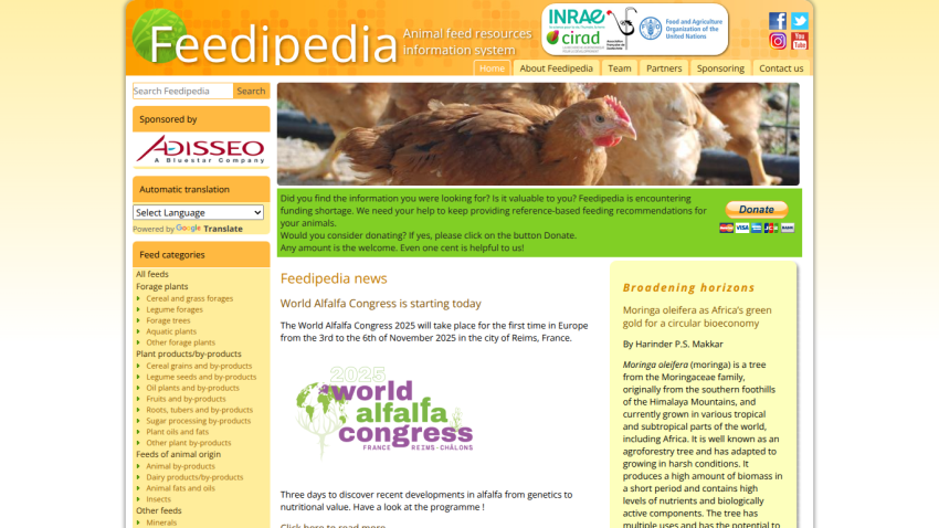 Feedipedia homepage with navigation, search, animal feed news, and article on Moringa oleifera as green gold