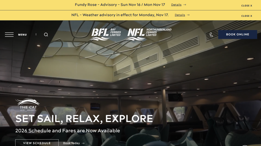 Ferry service homepage with a man looking at a lighthouse, promoting 2026 schedule and fares with options to view schedule or book online