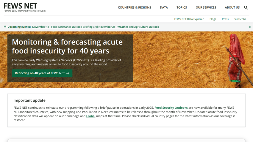 News website homepage with headline on food insecurity monitoring and navigation menu