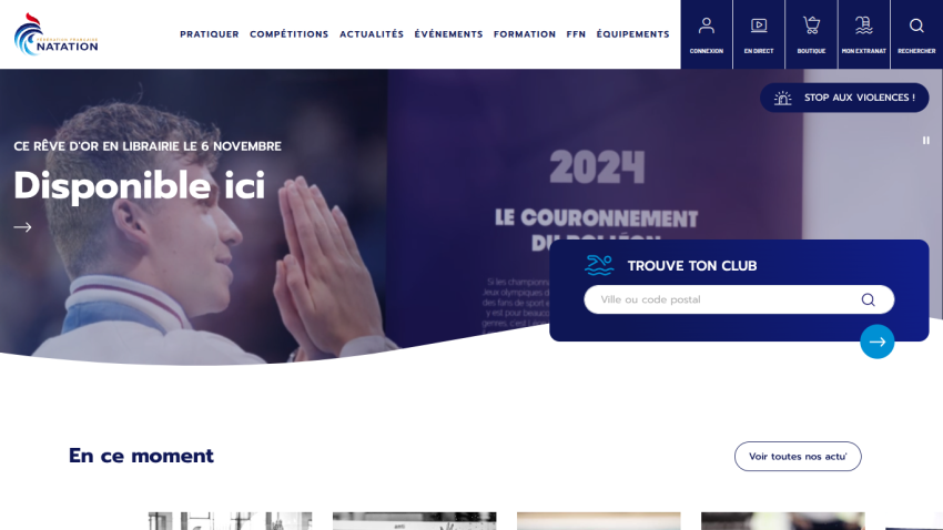 French Swimming Federation homepage with navigation, book release announcement, and club finder search