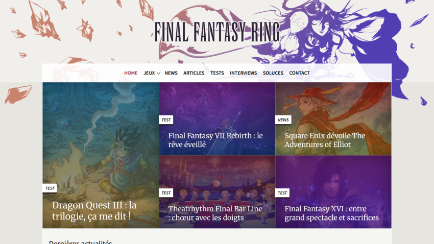 Homepage of Final Fantasy Ring featuring articles and news sections.