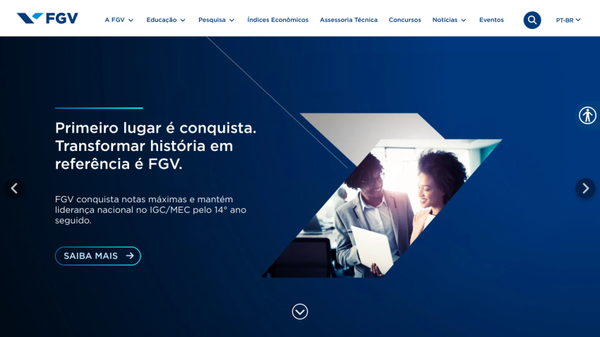 FGV website showcasing a professional setting with a call to action button.