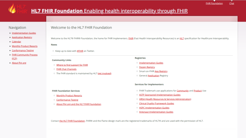 HL7 FHIR Foundation homepage with navigation links and sections on FHIR specification, registries, and services