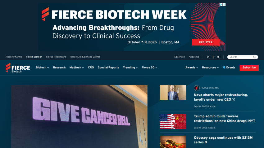 Fierce Biotech Week banner promoting drug discovery event in Boston, with key text 'GIVE CANCER HELL'.