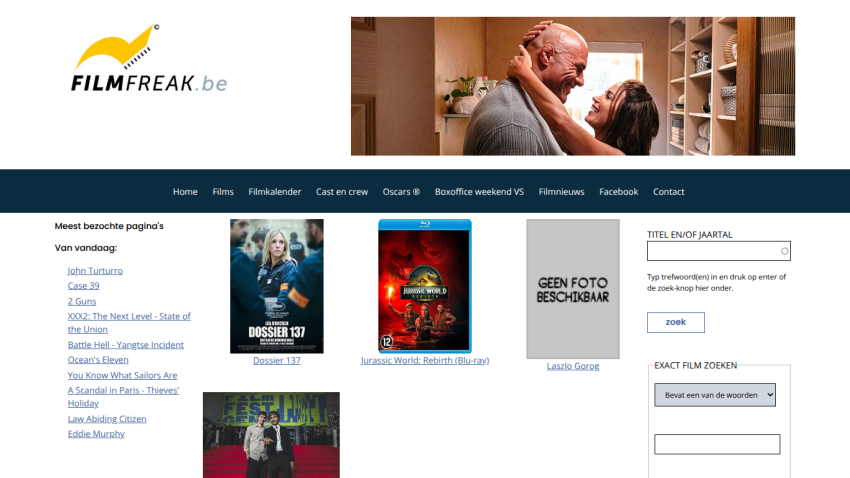 FilmFreak.be website with navigation menu, featured films, and search options in Dutch