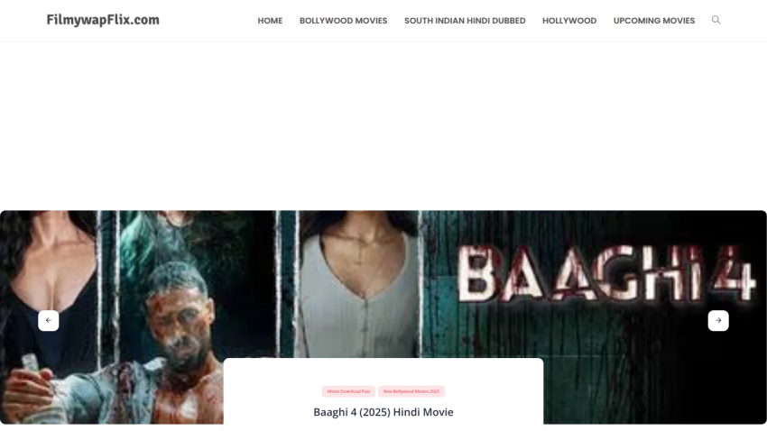 Homepage of FilmywapFlix featuring Baaghi 4 movie promotion.
