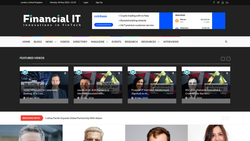 Financial IT homepage featuring navigation links and highlighted videos.