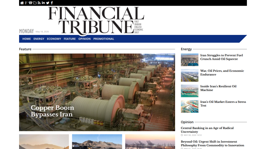Homepage of Financial Tribune featuring a headline about Copper Boom and images related to energy.