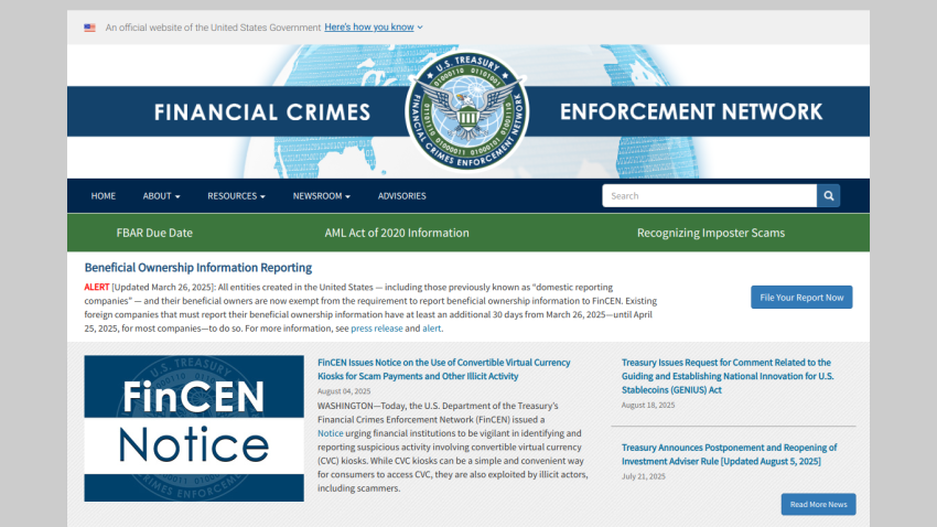 FinCEN website homepage with information on financial crimes and reporting.