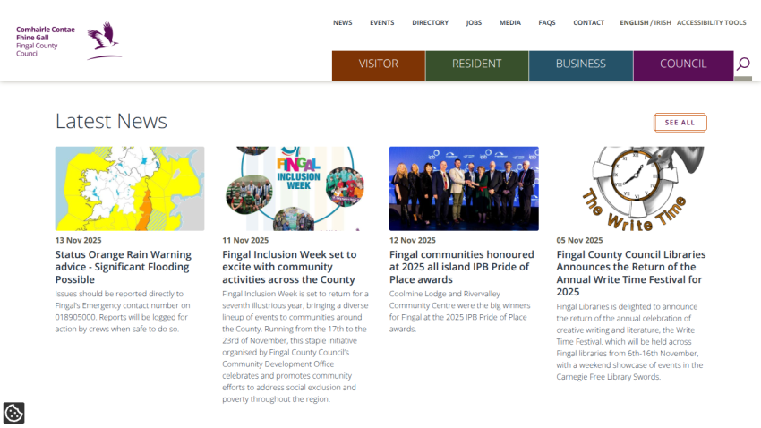 Fingal County Council website showing latest news including flood warning, inclusion week, community awards, and library festival.