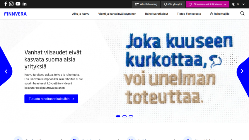 Finnvera website hero section with Finnish text about growth and financing solutions for Finnish companies