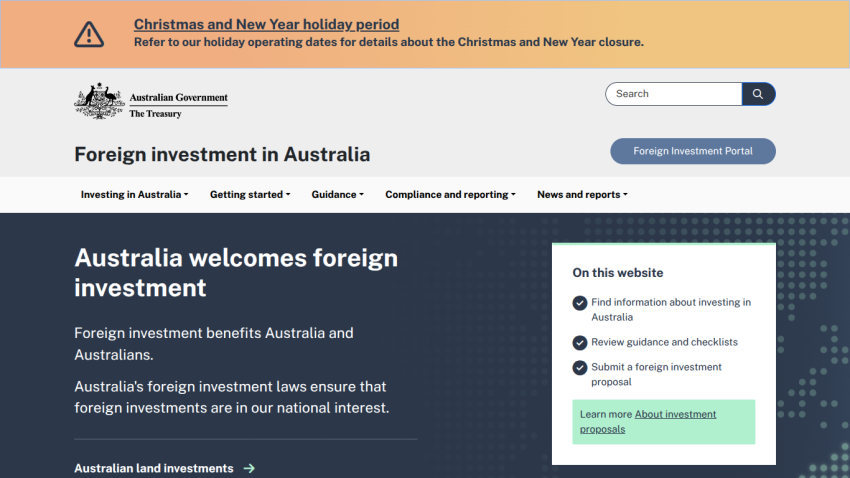 Australian Government Treasury page on foreign investment welcoming foreign investment and providing guidance links.
