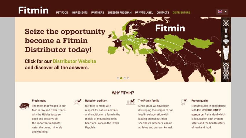 Fitmin distributor opportunity with map, navigation menu, and reasons to choose Fitmin pet food