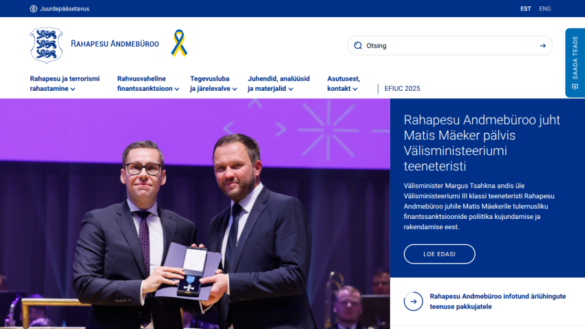 Rahapesu Andmebüroo website showing news about Matis Mäeker receiving a Foreign Ministry service medal.