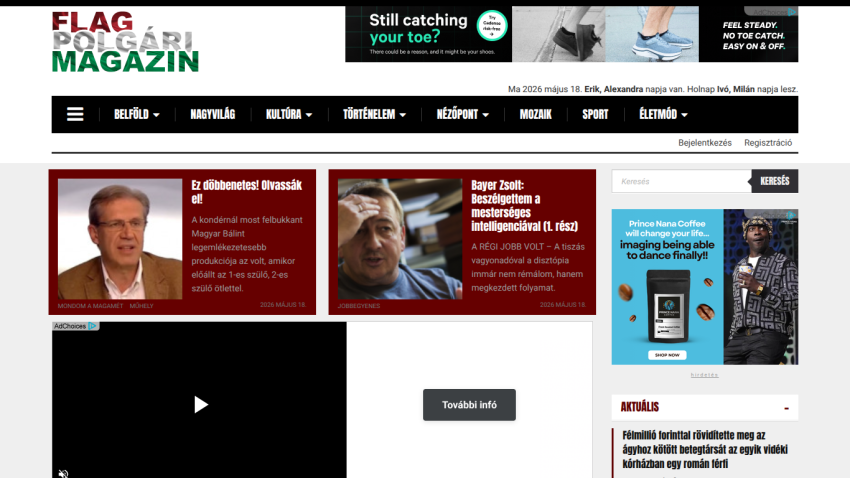 Homepage of FLAG Polgári Magazin featuring articles and images.