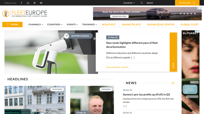 Fleet Europe homepage with navigation, featured article on fleet decarbonisation, headlines, and news sections