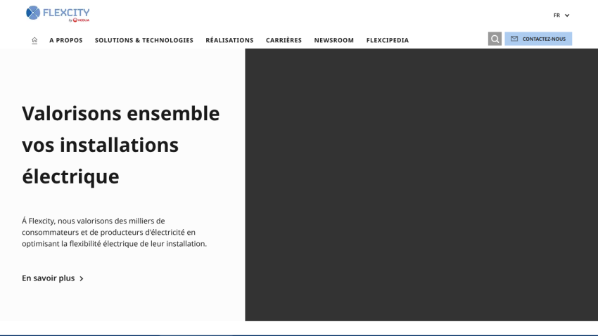 Flexcity by Veolia homepage with navigation and headline about optimizing electrical installations