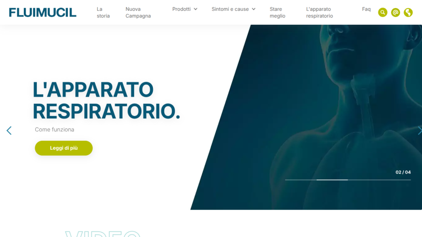 Fluimucil website showing respiratory system information with navigation menu and call to action button