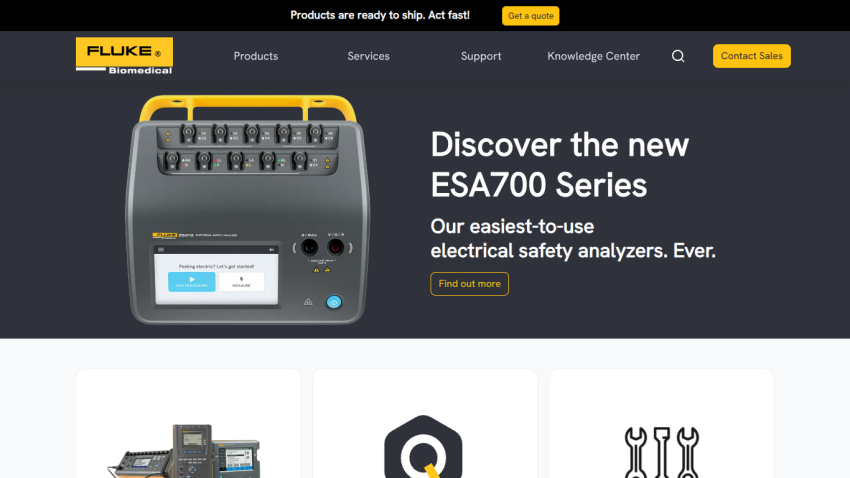 Fluke Biomedical homepage featuring ESA700 Series electrical safety analyzers with product image and call to action
