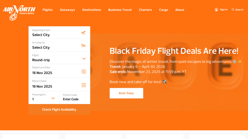 Air North homepage with flight booking form and Black Friday flight deals promotion from January 6 to April 30, 2026.