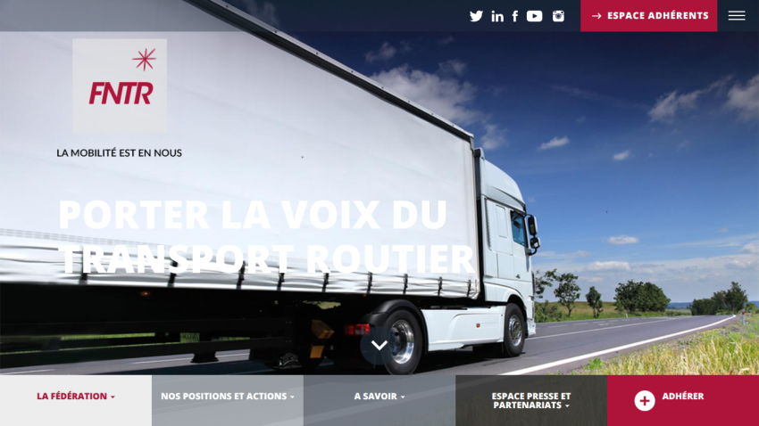 FNTR website promoting road transport with a truck image and navigation menu