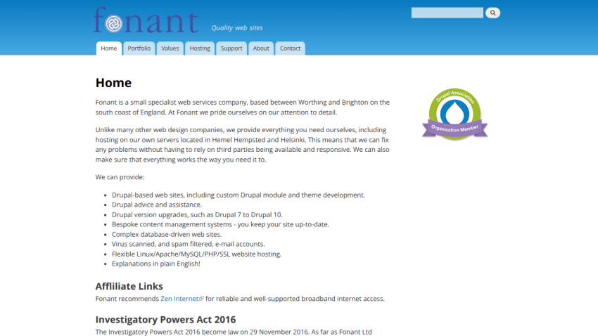 Fonant website homepage showing company overview, services offered, and navigation menu under a blue header