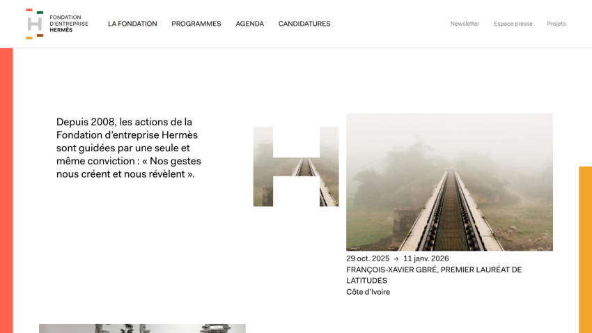 Fondation d'entreprise Hermès homepage with navigation, mission statement since 2008, and featured event by François-Xavier Gbré