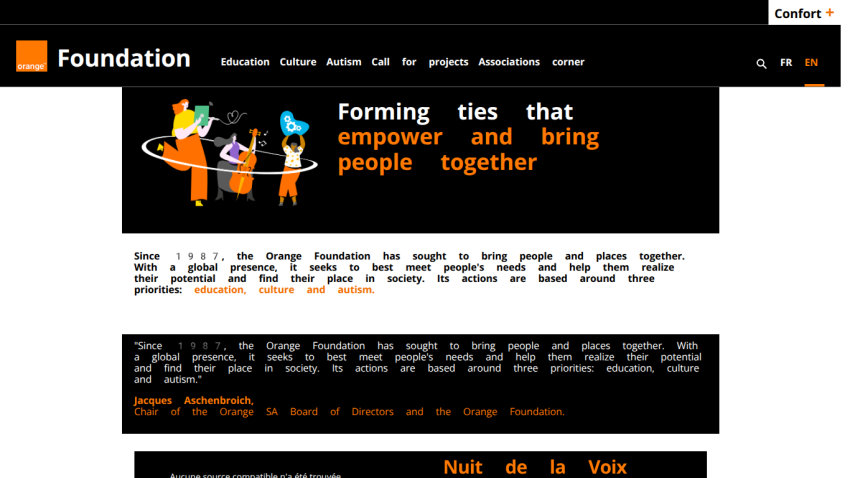 Orange Foundation website with navigation and hero text about empowering people through education, culture, and autism