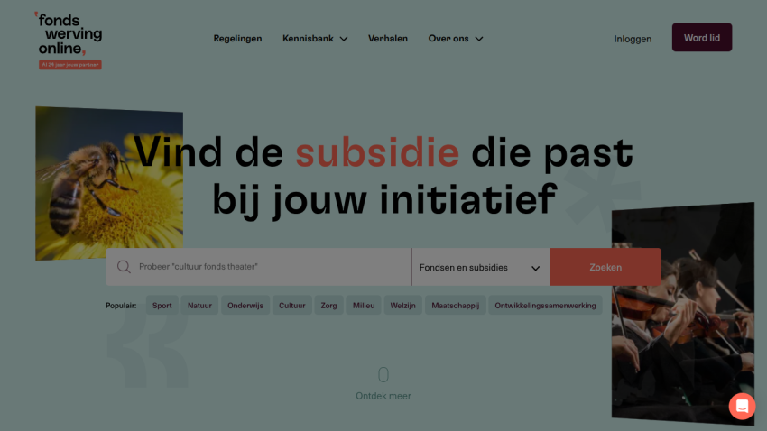 Website homepage offering subsidy search for initiatives with navigation menu and popular categories
