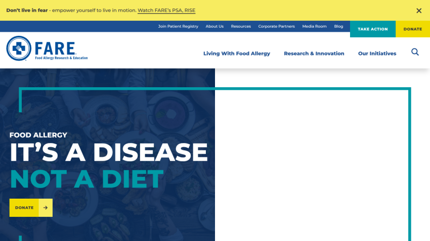 FARE website promoting food allergy awareness with a bold message: 'Food Allergy It's a Disease Not a Diet.'