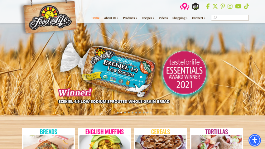 Food For Life website header with navigation and hero featuring Ezekiel 4:9 Low Sodium Sprouted Whole Grain Bread award winner